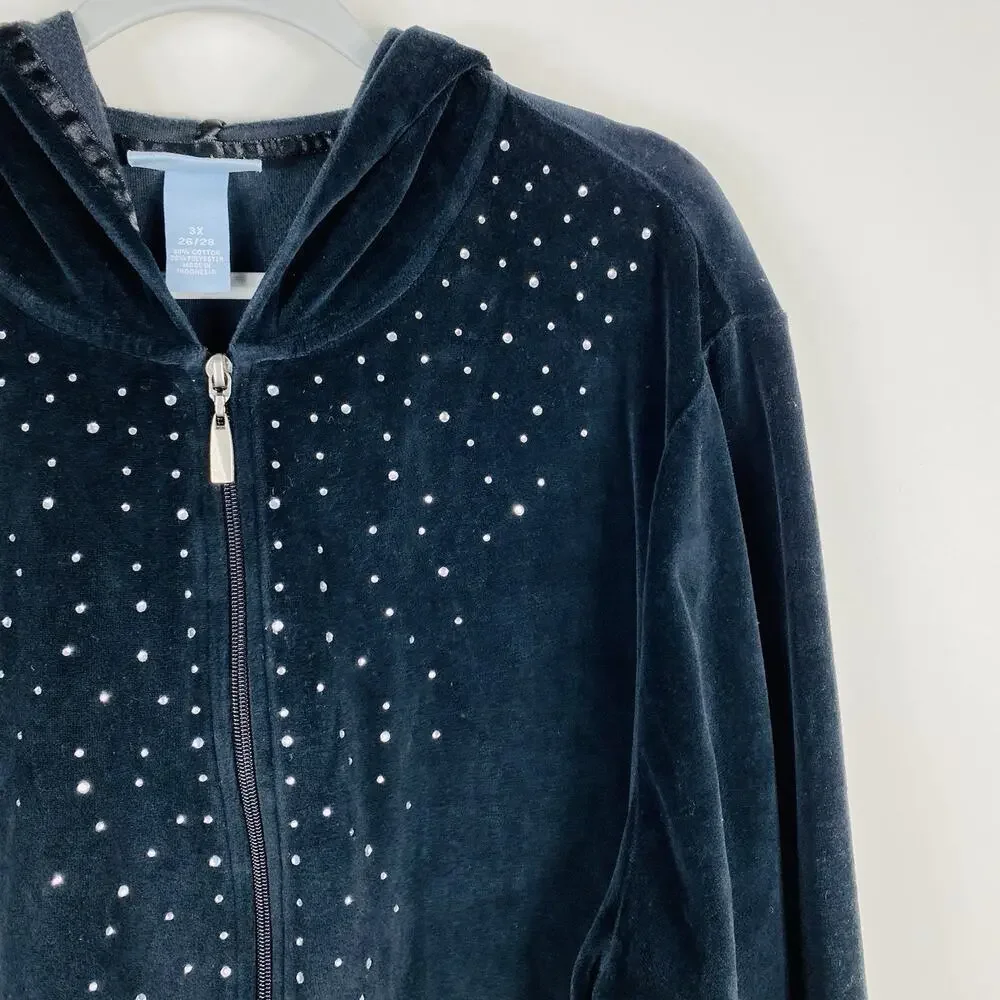 Liz & Me Sport Jacket 3X 26 28 Black Velour Hooded Rhinestone Embellished Zip Up
